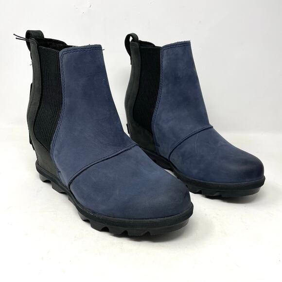 Sorel Joan of Arctic Wedge Chelsea Ankle Boots Blue Waterproof Leather 6.5 New - Picture 1 of 13